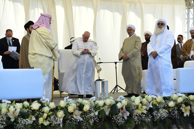 Pope Francis attends an interreligious meeting in the Plain of Ur, Iraq, March 6, 2021. Pope Francis attends an interreligious meeting in the Plain of Ur, Iraq, March 6, 2021.