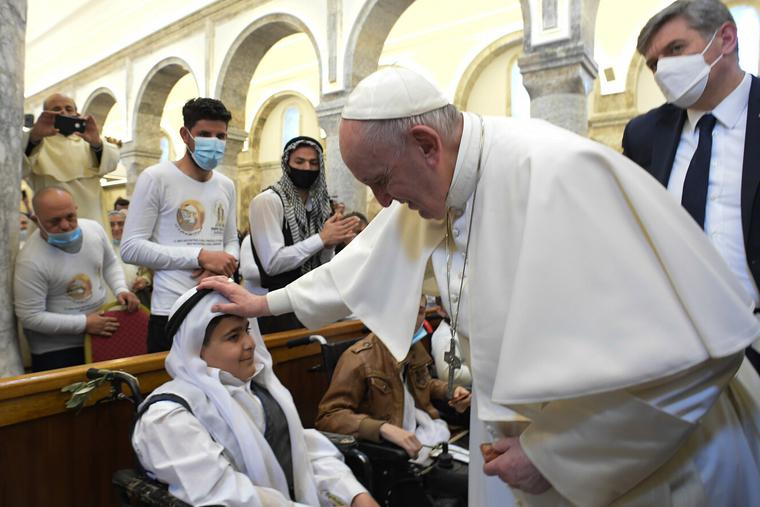 Pope Francis visits the Syriac Catholic Church of the Immaculate Conception in Qaraqosh on March 7th, 2021. Pope Francis visits the Syriac Catholic Church of the Immaculate Conception in Qaraqosh on March 7th, 2021.