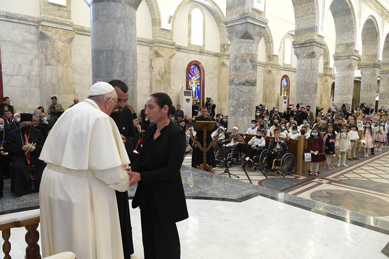 Pope Francis visits the Syriac Catholic Church of the Immaculate Conception in Qaraqosh on March 7th, 2021. Pope Francis visits the Syriac Catholic Church of the Immaculate Conception in Qaraqosh on March 7th, 2021.