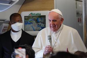 Pope Francis holds an in-flight press conference en route to Rome from Iraq. Pope Francis holds an in-flight press conference en route to Rome from Iraq.
