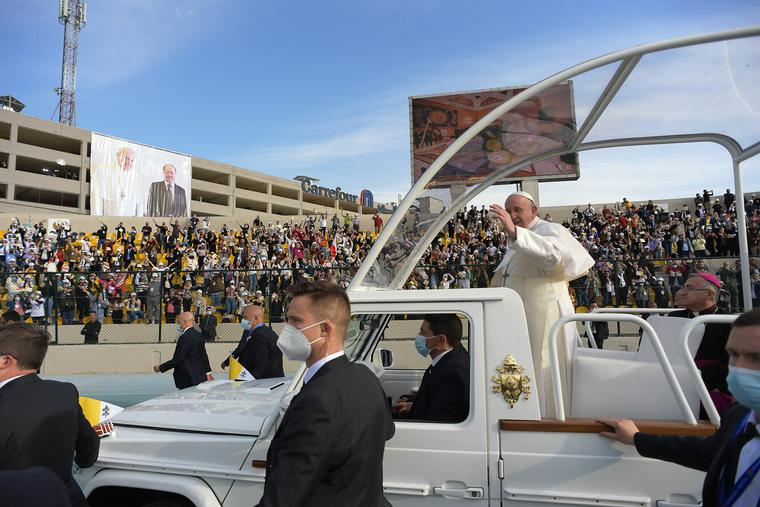 Pope Francis celebrates Holy Mass at the Franso Hariri Stadium in Erbil on March 7th, 2021. Pope Francis celebrates Holy Mass at the Franso Hariri Stadium in Erbil on March 7th, 2021.