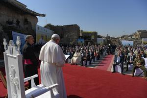 Pope Francis shares a prayer of suffrage for the victims of war at Hosh al-Bieaa (Church square) in Mosul on March 7th, 2021. Pope Francis shares a prayer of suffrage for the victims of war at Hosh al-Bieaa (Church square) in Mosul on March 7th, 2021.