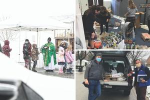 Clockwise from left: Father Daniel O’Mullane of Our Lady of Mount Carmel in Boonton, New Jersey, gives Communion to parishioners during Mass while snow flies. Parishioners of St. Walter parish in Roselle, Illinois, allocate canned goods and pies to deliver to the homeless. Our Lady of Mount Carmel and St. Walter were among the parishes that won awards for their innovation amid the pandemic. Clockwise from left: Father Daniel O’Mullane of Our Lady of Mount Carmel in Boonton, New Jersey, gives Communion to parishioners during Mass while snow flies. Parishioners of St. Walter parish in Roselle, Illinois, allocate canned goods and pies to deliver to the homeless. Our Lady of Mount Carmel and St. Walter were among the parishes that won awards for their innovation amid the pandemic.