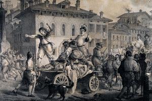 Accusing the anointers in the great plague of Milan in 1630; a scene from Manzoni's 'I promessi sposi.' Lithograph by G. Gallina after A. Manzoni.