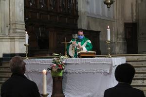 Catholics take part in the first Mass since the start of the COVID-19 Coronavirus pandemic at Catholic church of Sainte-Catherine in Brussels, Belgium on Jun. 8, 2020.