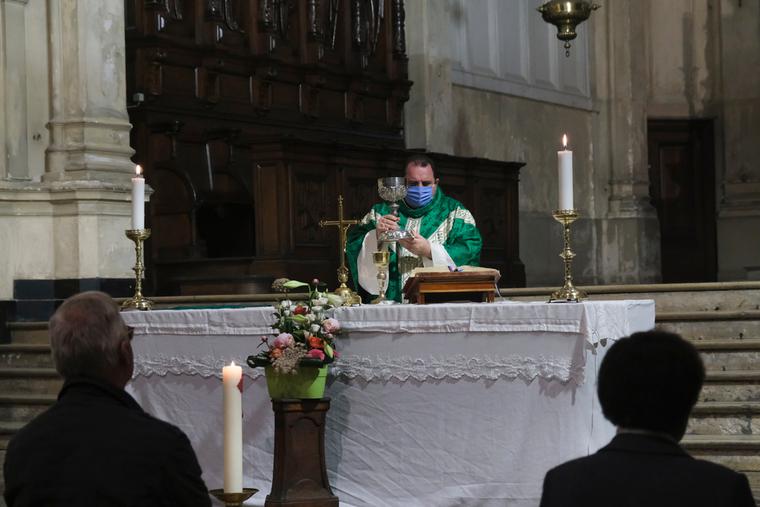 Catholics take part in the first Mass since the start of the COVID-19 Coronavirus pandemic at Catholic church of Sainte-Catherine in Brussels, Belgium on Jun. 8, 2020. Catholics take part in the first Mass since the start of the COVID-19 Coronavirus pandemic at Catholic church of Sainte-Catherine in Brussels, Belgium on Jun. 8, 2020.