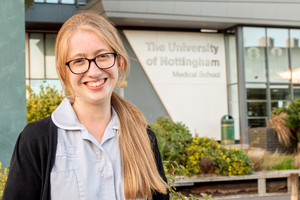 Julia Rynkiewicz posing in front of the University of Nottingham. Julia Rynkiewicz posing in front of the University of Nottingham.