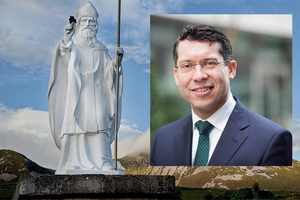 (L) Statue of St. Patrick at the footstep of Croagh Patrick, Co. Mayo, Ireland. (R) Senator Rónán Mullen.