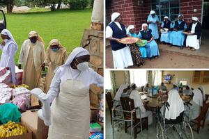 Clockwise from left: Sisters sort through the arrival donations by the Conrad N. Hilton Foundation through ACWECA to help fight COVID- 19 challenges at the care home of the Little Sisters of St. Francis in Nkokonjeru in Jinja, Uganda. Some of the elderly and sick sisters of the Missionary Congregation of the Evangelizing Sisters of Mary keep busy at their care home in Kilacha in Moshi, Tanzania. Sister of Mary Immaculate of Nyeri eat together in Mwea. Clockwise from left: Sisters sort through the arrival donations by the Conrad N. Hilton Foundation through ACWECA to help fight COVID- 19 challenges at the care home of the Little Sisters of St. Francis in Nkokonjeru in Jinja, Uganda. Some of the elderly and sick sisters of the Missionary Congregation of the Evangelizing Sisters of Mary keep busy at their care home in Kilacha in Moshi, Tanzania. Sister of Mary Immaculate of Nyeri eat together in Mwea.