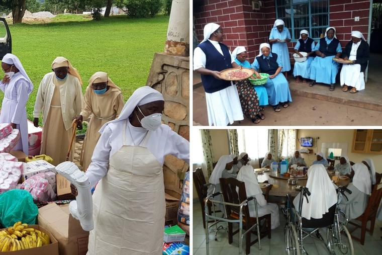 Clockwise from left: Sisters sort through the arrival donations by the Conrad N. Hilton Foundation through ACWECA to help fight COVID- 19 challenges at the care home of the Little Sisters of St. Francis in Nkokonjeru in Jinja, Uganda. Some of the elderly and sick sisters of the Missionary Congregation of the Evangelizing Sisters of Mary keep busy at their care home in Kilacha in Moshi, Tanzania. Sister of Mary Immaculate of Nyeri eat together in Mwea. Clockwise from left: Sisters sort through the arrival donations by the Conrad N. Hilton Foundation through ACWECA to help fight COVID- 19 challenges at the care home of the Little Sisters of St. Francis in Nkokonjeru in Jinja, Uganda. Some of the elderly and sick sisters of the Missionary Congregation of the Evangelizing Sisters of Mary keep busy at their care home in Kilacha in Moshi, Tanzania. Sister of Mary Immaculate of Nyeri eat together in Mwea.