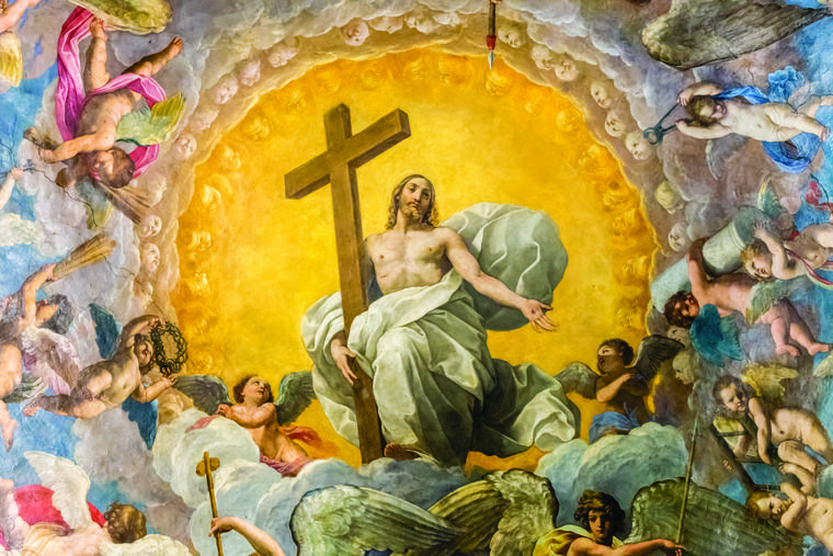 The glory of the Resurrection is seen in this painting of the Risen Jesus Christ holding the cross in the cathedral in Ravenna, Italy. The glory of the Resurrection is seen in this painting of the Risen Jesus Christ holding the cross in the cathedral in Ravenna, Italy.