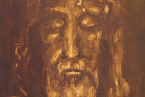 This painting by an unknown artist of the 20th century shows the suffering face from the Shroud of Turin, which is housed in the Chiesa di San Giuseppe in Turin, Italy. This painting by an unknown artist of the 20th century shows the suffering face from the Shroud of Turin, which is housed in the Chiesa di San Giuseppe in Turin, Italy.