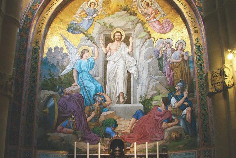 The Resurrection is depicted in a 19th-century mosaic at the Rosary Basilica in Lourdes, France. The Resurrection is depicted in a 19th-century mosaic at the Rosary Basilica in Lourdes, France.