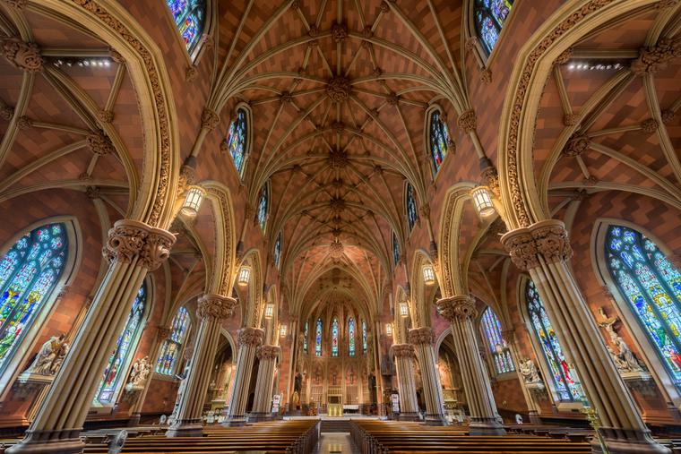 Stained glass windows and ceiling inside the historic Cathedral of the Immaculate Conception on Eagle Street in Albany. Stained glass windows and ceiling inside the historic Cathedral of the Immaculate Conception on Eagle Street in Albany.