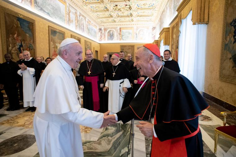 Pope Francis greets Cardinal Luis Ladaria Ferrer, President of the International Theological Commission, in the Vatican's Consistory Hall on Nov. 29, 2019, before addressing members of the ITC on the occasion of the 50th anniversary of its founding. Pope Francis greets Cardinal Luis Ladaria Ferrer, President of the International Theological Commission, in the Vatican's Consistory Hall on Nov. 29, 2019, before addressing members of the ITC on the occasion of the 50th anniversary of its founding.