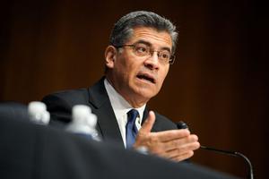 Xavier Becerra, nominee for Secretary of Health and Human Services, answers questions during his Senate Finance Committee nomination hearing on February 24, 2021 at Capitol Hill in Washington, DC.