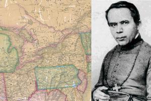 St. John Neumann against an 1854 map of the U.S. St. John Neumann against an 1854 map of the U.S.