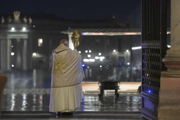 Pope Francis gives an extraordinary Urbi et Orbi blessing from the entrance of St. Peter’s Basilica to an empty square amid the coronavirus pandemic on March 27, 2020. Pope Francis gives an extraordinary Urbi et Orbi blessing from the entrance of St. Peter’s Basilica to an empty square amid the coronavirus pandemic on March 27, 2020.