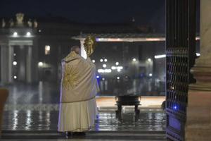 Pope Francis gives an extraordinary Urbi et Orbi blessing from the entrance of St. Peter’s Basilica to an empty square amid the coronavirus pandemic on March 27, 2020. Pope Francis gives an extraordinary Urbi et Orbi blessing from the entrance of St. Peter’s Basilica to an empty square amid the coronavirus pandemic on March 27, 2020.