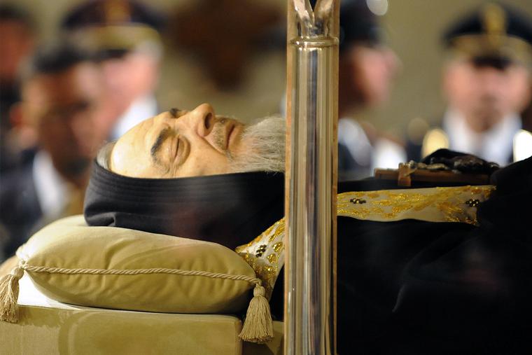 The body of Padre Pio is displayed for the veneration of the faithful in a part-glass coffin in the crypt of the old Church of St. Mary of Grace at San Giovanni Rotondo, Italy, on April 24, 2008. The body of Padre Pio is displayed for the veneration of the faithful in a part-glass coffin in the crypt of the old Church of St. Mary of Grace at San Giovanni Rotondo, Italy, on April 24, 2008.