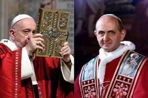 LEFT: Pope Francis celebrates Mass for Pentecost on May 31, 2020, at St Peter’s Basilica at the Vatican. RIGHT: Official portrait of Pope St. Paul VI, author of the encyclical ‘Humanae Vitae.’ LEFT: Pope Francis celebrates Mass for Pentecost on May 31, 2020, at St Peter’s Basilica at the Vatican. RIGHT: Official portrait of Pope St. Paul VI, author of the encyclical ‘Humanae Vitae.’