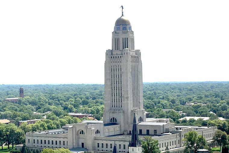 Aerial view of Nebraska State Capitol, taken from Nebraska Club, 20th floor of U.S. Bank building. Aerial view of Nebraska State Capitol, taken from Nebraska Club, 20th floor of U.S. Bank building.