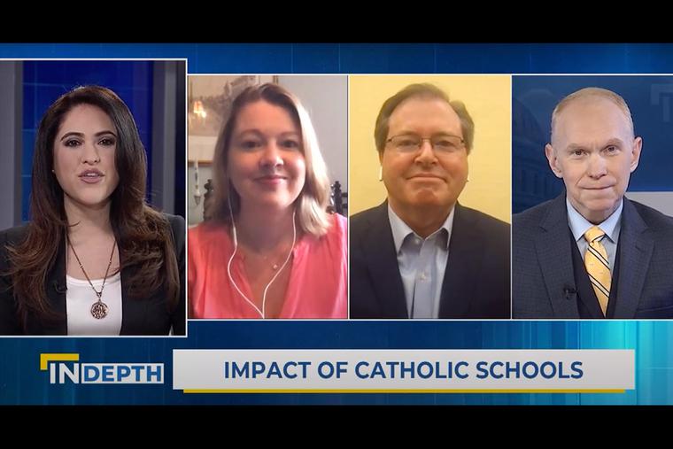Panelists discuss Catholic schools on EWTN News In Depth, April 9, 2021. From left to right: Montse Alvarado, Ashley McGuire, Thomas Carroll and Matthew Bunson Panelists discuss Catholic schools on EWTN News In Depth, April 9, 2021. From left to right: Montse Alvarado, Ashley McGuire, Thomas Carroll and Matthew Bunson