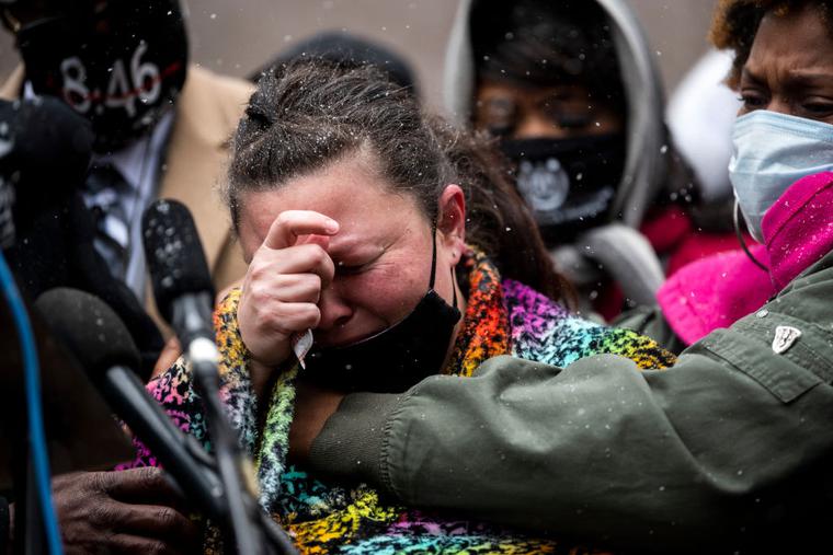 Naisha Wright (R) embraces Katie Wright (C), the mother of Daunte Wright, as she speaks during a press conference outside the Hennepin County Government Center on April 13, 2021 in Minneapolis, Minnesota. Wright was shot and killed by Brooklyn Center police officer Kimberly Potter on Sunday. Naisha Wright (R) embraces Katie Wright (C), the mother of Daunte Wright, as she speaks during a press conference outside the Hennepin County Government Center on April 13, 2021 in Minneapolis, Minnesota. Wright was shot and killed by Brooklyn Center police officer Kimberly Potter on Sunday.