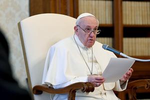 Pope Francis gives a general audience address in the library of the Apostolic Palace Feb. 3, 2021. Pope Francis gives a general audience address in the library of the Apostolic Palace Feb. 3, 2021.
