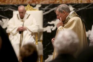 Cardinal George Pell attends the Easter Vigil Mass at St. Peter's Basilica presided by Pope Francis on April 03, 2021 in Vatican City. Cardinal George Pell attends the Easter Vigil Mass at St. Peter's Basilica presided by Pope Francis on April 03, 2021 in Vatican City.
