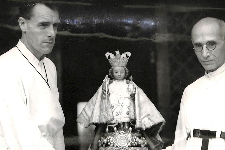 The statue of the Santo Niño is safely returned to Cebu City in the Philippines on April 3, 1945. Father McHugh of Ireland (l) and Augustinian Father Moran of Spain, hid the statue in the hills throughout the Japanese occupation of Cebu Island during World War II. The statue of the Santo Niño is safely returned to Cebu City in the Philippines on April 3, 1945. Father McHugh of Ireland (l) and Augustinian Father Moran of Spain, hid the statue in the hills throughout the Japanese occupation of Cebu Island during World War II.
