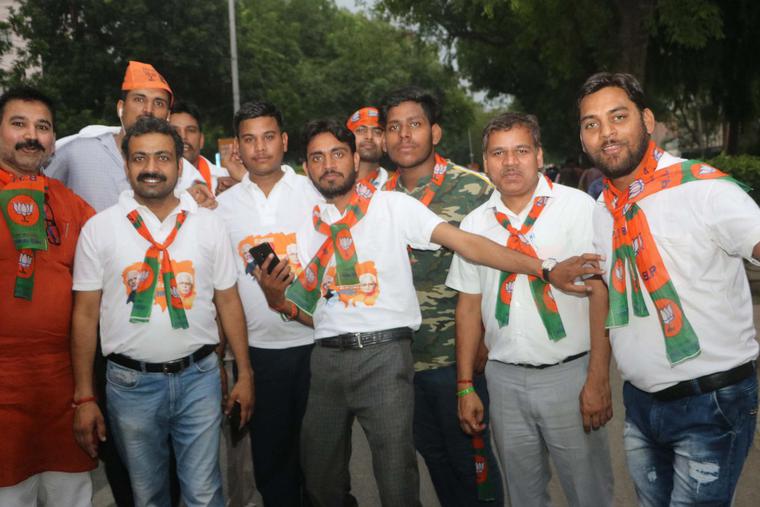 BJP supporters rejoice in front of party office in New Delhi after May 2019 reelection victory BJP supporters rejoice in front of party office in New Delhi after May 2019 reelection victory
