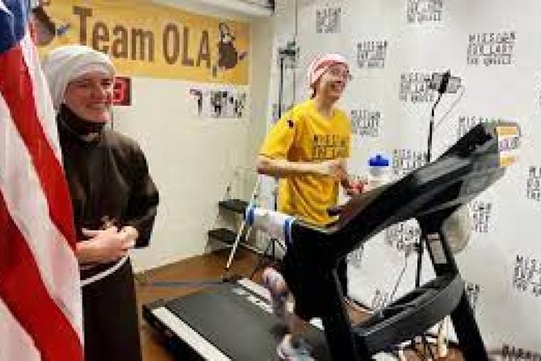 Sister Stephanie Baliga runs a marathon on a treadmill in 2020 Sister Stephanie Baliga runs a marathon on a treadmill in 2020