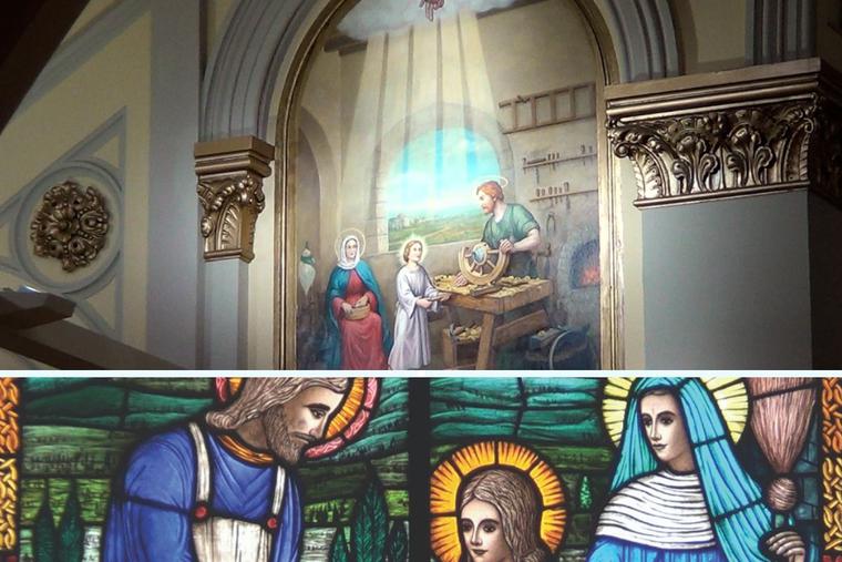 Stained-glass windows present the saint’s life and attributes, as do murals. Stained-glass windows present the saint’s life and attributes, as do murals.