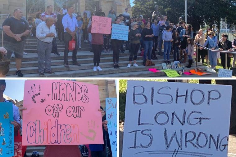 Protests against Bishop Vincent Long were held April 25 outside St. Patrick’s Cathedral in the Diocese of Parramatta, Australia. Protests against Bishop Vincent Long were held April 25 outside St. Patrick’s Cathedral in the Diocese of Parramatta, Australia.