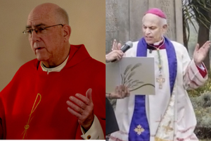 Archbishop Joseph Naumann (L) joined members of the United States Conference of Catholic Bishops' Region IX to celebrate Mass together in the grotto of St. Peter's Basilica on Jan. 16, 2020. Archbishop Salvatore Cordileone (R) performs an exorcism at Golden Gate Park after a statue of St. Junipero Serra was vandalized and toppled June 19, 2020. Archbishop Joseph Naumann (L) joined members of the United States Conference of Catholic Bishops' Region IX to celebrate Mass together in the grotto of St. Peter's Basilica on Jan. 16, 2020. Archbishop Salvatore Cordileone (R) performs an exorcism at Golden Gate Park after a statue of St. Junipero Serra was vandalized and toppled June 19, 2020.