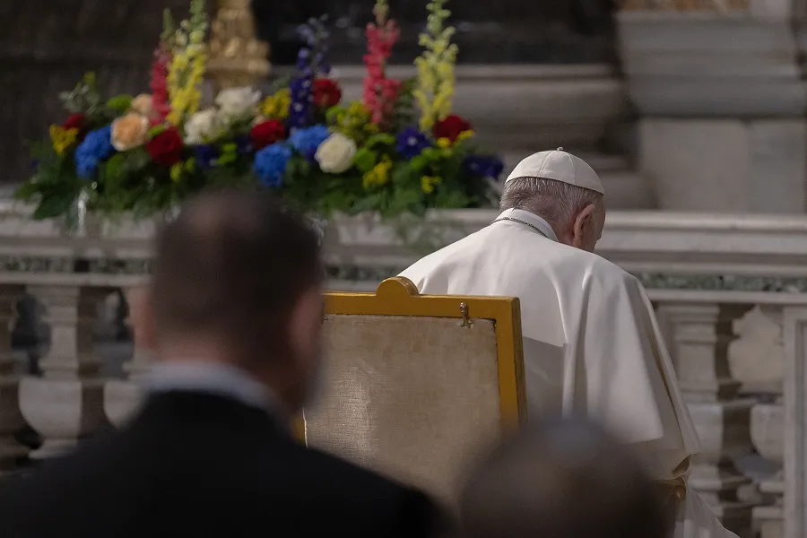 Pope Francis prays the rosary before an icon of Our Lady of Help in St. Peter's Basilica May 1, 2021. Pope Francis prays the rosary before an icon of Our Lady of Help in St. Peter's Basilica May 1, 2021.