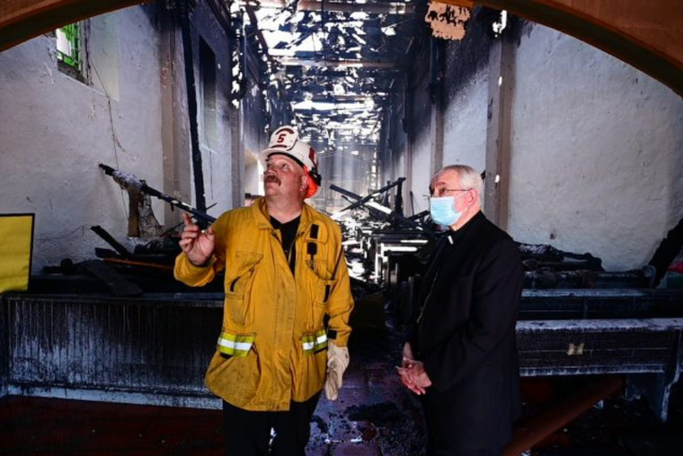 Archbishop Jose Gomez of Los Angeles visits the scene of the fire at San Gabriel mission, July 11, 2020 Archbishop Jose Gomez of Los Angeles visits the scene of the fire at San Gabriel mission, July 11, 2020