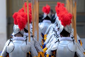 Swiss Guards at the ceremony in Vatican City's San Damaso Courtyard on May 6, 2021. Swiss Guards at the ceremony in Vatican City's San Damaso Courtyard on May 6, 2021.