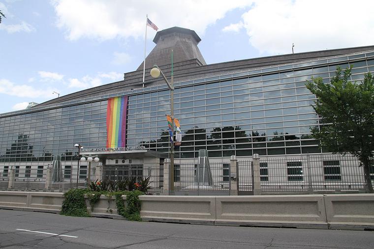 US embassy in Ottawa showcasing a rainbow flag. US embassy in Ottawa showcasing a rainbow flag.
