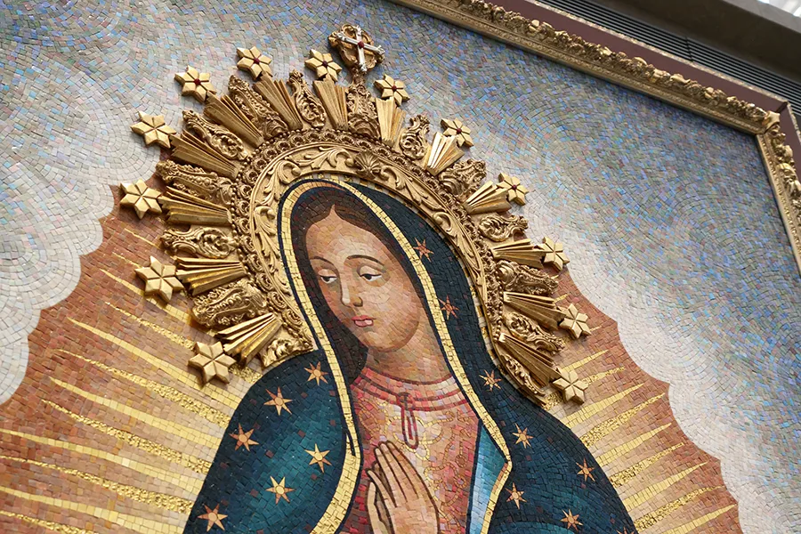 A mosaic of Our Lady of Guadalupe hangs inside Christ Cathedral in Orange, California. A mosaic of Our Lady of Guadalupe hangs inside Christ Cathedral in Orange, California.