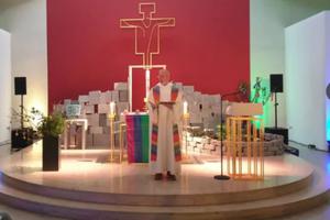 A service as part of a day of action in defiance of the Vatican’s ruling on same-sex blessings takes part in the youth church in Würzburg, Germany, on May 10. A service as part of a day of action in defiance of the Vatican’s ruling on same-sex blessings takes part in the youth church in Würzburg, Germany, on May 10.