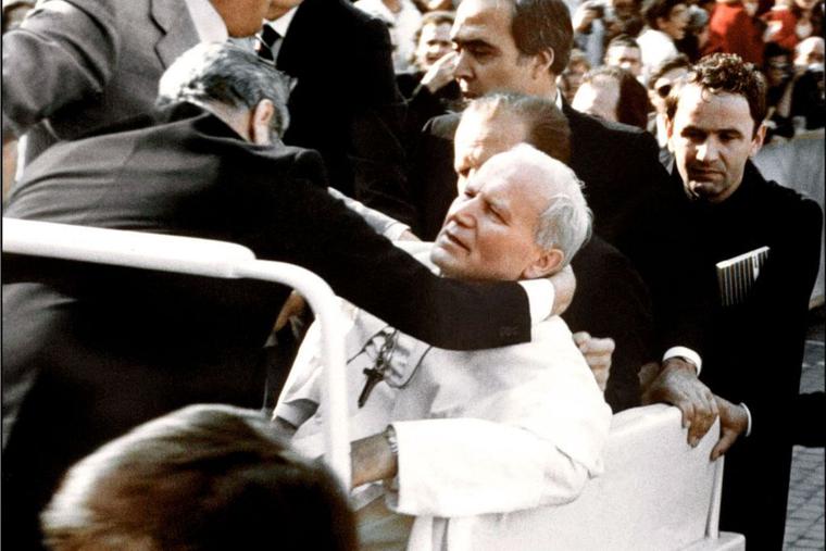 ‘Mary, my mother; Mary, my mother.’ Bodyguards hold Pope John Paul II after he was shot May 13, 1981, in St. Peter’s Square by Turkish gunman Mehmet Ali Agca. After he was shot, the Pope appealed to the intercession of the Blessed Mother. Agca was jailed for 19 years in Italy for the attack on the Pope, which left the Holy Father seriously wounded. Agca was pardoned by the Italian president in June 2000 and extradited back to Turkey, where he was jailed for a 1979 murder. ‘Mary, my mother; Mary, my mother.’ Bodyguards hold Pope John Paul II after he was shot May 13, 1981, in St. Peter’s Square by Turkish gunman Mehmet Ali Agca. After he was shot, the Pope appealed to the intercession of the Blessed Mother. Agca was jailed for 19 years in Italy for the attack on the Pope, which left the Holy Father seriously wounded. Agca was pardoned by the Italian president in June 2000 and extradited back to Turkey, where he was jailed for a 1979 murder.