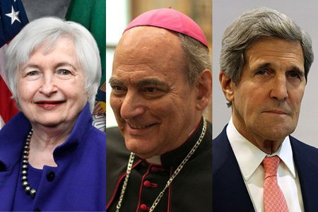 (L-R) Treasury secretary Janet Yellen, Bishop Marcelo Sánchez Sorondo, and climate envoy John Kerry. (L-R) Treasury secretary Janet Yellen, Bishop Marcelo Sánchez Sorondo, and climate envoy John Kerry.