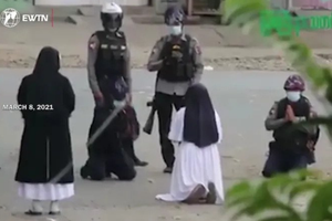 Sr. Ann Rose Nu Tawng begs police not to shoot protesters during Myanmar unrest. Sr. Ann Rose Nu Tawng begs police not to shoot protesters during Myanmar unrest.