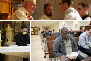 Clockwise from top: Joseph Mominee is ordained a deacon by Bishop Daniel Thomas of Toledo, Ohio, in 2020; Deacon Mominee will be ordained a priest June 26. Deacon Guy Dormevil prays in the chapel at St. John XXIII Seminary; Deacon Dormevil will be ordained a priest on June 12. And Deacon Michael Lombardi makes his ‘Profession of Faith’ and ‘Oath of Fidelity’; Deacon Lombardi will be ordained a priest June 19. Clockwise from top: Joseph Mominee is ordained a deacon by Bishop Daniel Thomas of Toledo, Ohio, in 2020; Deacon Mominee will be ordained a priest June 26. Deacon Guy Dormevil prays in the chapel at St. John XXIII Seminary; Deacon Dormevil will be ordained a priest on June 12. And Deacon Michael Lombardi makes his ‘Profession of Faith’ and ‘Oath of Fidelity’; Deacon Lombardi will be ordained a priest June 19.