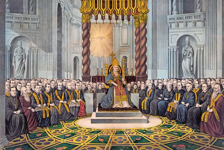 Pope Pius IX (center, seated on throne) convenes the First Vatican Council on Dec. 8, 1869. Pope Pius IX (center, seated on throne) convenes the First Vatican Council on Dec. 8, 1869.