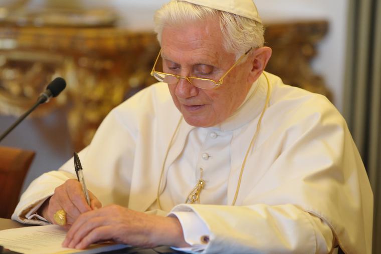 Pope Benedict XVI is shown writing on Aug. 28, 2010. Pope Benedict XVI is shown writing on Aug. 28, 2010.