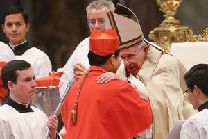 Pope Francis embraces Cardinal Charles Maung Bo of Yangon, Myanmar, during the Ordinary Public Consistory at St. Peter's Basilica on Feb. 14, 2015. Pope Francis embraces Cardinal Charles Maung Bo of Yangon, Myanmar, during the Ordinary Public Consistory at St. Peter's Basilica on Feb. 14, 2015.