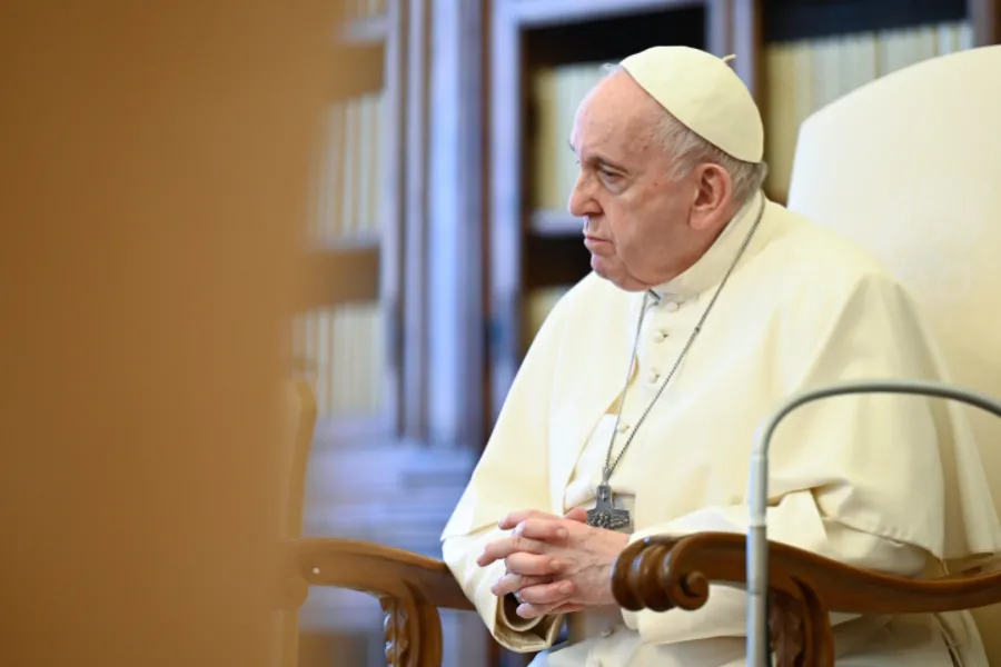Pope Francis at his general audience address in the library of the Apostolic Palace May 5, 2021. Pope Francis at his general audience address in the library of the Apostolic Palace May 5, 2021.